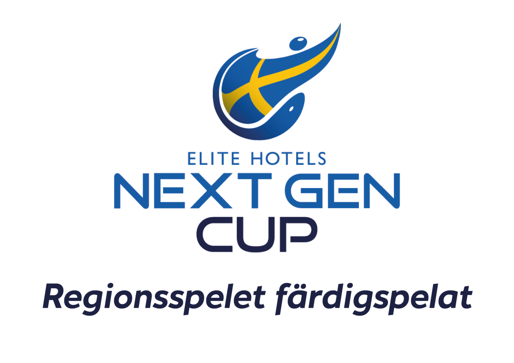 Logotyp av Elite Hotels Next Gen Cup mot en vit bakgrund med texten nedanför "Regionsspelet färdigspelat".