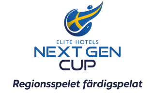 Logotyp av Elite Hotels Next Gen Cup mot en vit bakgrund med texten nedanför "Regionsspelet färdigspelat".